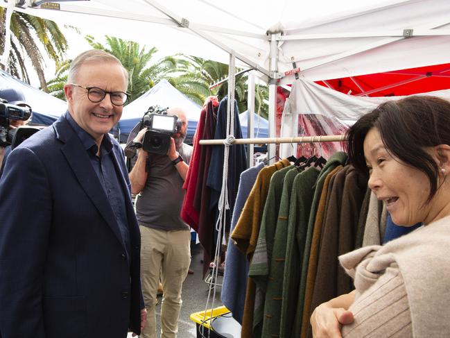 Anthony Albanese, pictured with stall owner Katherina Fleck, at the Orange Grove Markets on Saturday. Picture: Monique Harmer