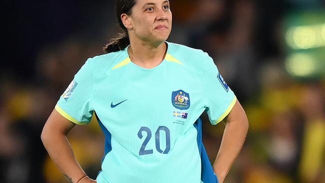 BRISBANE, AUSTRALIA - AUGUST 19: Sam Kerr of Australia shows dejection after the teamÃ¢â¬â¢s defeat following the FIFA Women's World Cup Australia & New Zealand 2023 Third Place Match match between Sweden and Australia at Brisbane Stadium on August 19, 2023 in Brisbane, Australia. (Photo by Justin Setterfield/Getty Images)