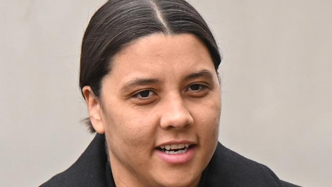 KINGSTON UPON THAMES, ENGLAND - FEBRUARY 3: Australian footballer Sam Kerr arrives outside the Crown Court ahead of her trial for a racial harassment case on February 3, 2025 in Kingston upon Thames, England. The Matildas star, who also plays professionally for Chelsea in the Women's Super League, is facing charges of "racially aggravated harassment" of a police officer related to an incident in Twickenham on January 30, 2023.  (Photo by Leon Neal/Getty Images)