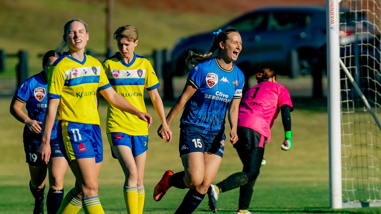 Thunder captain Mel Lloyd celebrates a goal against Broadbeach. Picture: DSL Photography