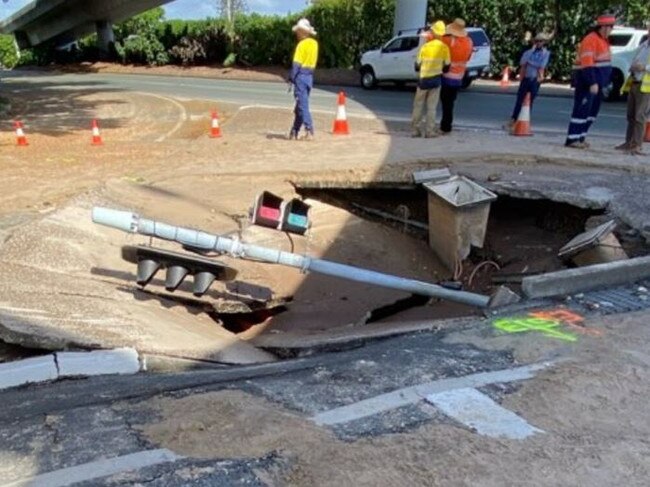 A large sinkhole has formed on Sunshine Boulevard near Pacific Fair.