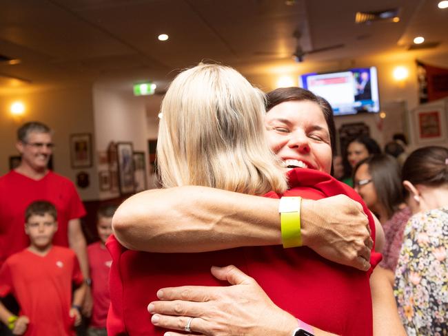 Imagery from the NT Labor Election Party at Waratah Football Club, Darwin. Attorney General Natasha Fyles arrives at the Labor Party HQ and hugs Treasurer Nicole Manison.Picture : Che Chorley