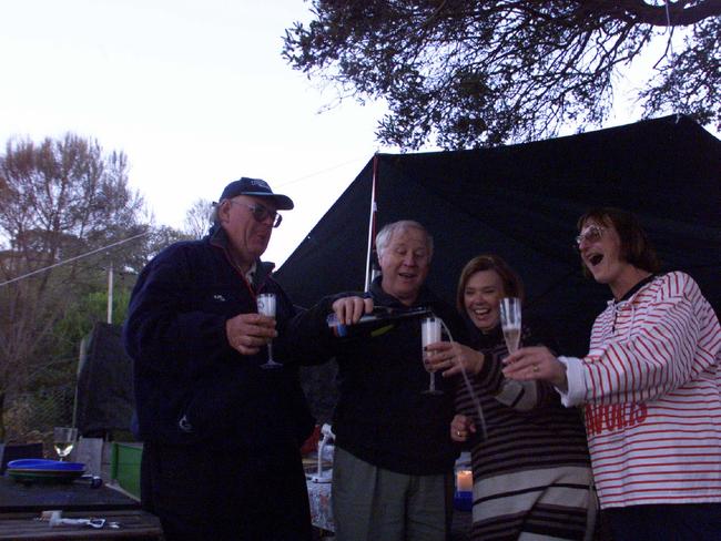 Roger Wilson, John and Joan McDermott and Margaret Wilson partied like it was 1999 to ring in the millennium at Sorrento caravan park. Picture: Craig Hughes