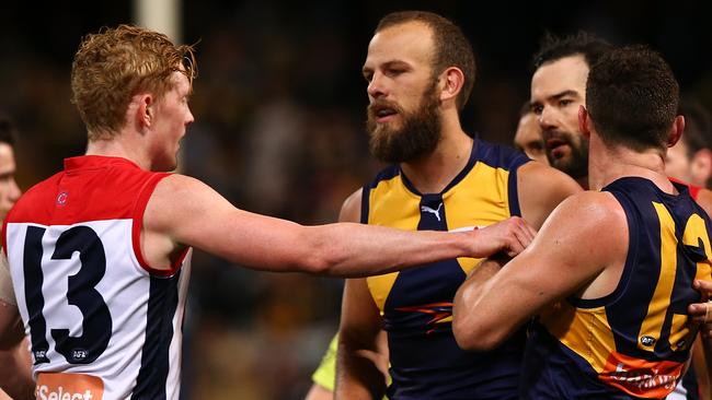 Clayton Oliver confronts Will Schofield at Subiaco. Picture: Getty Images