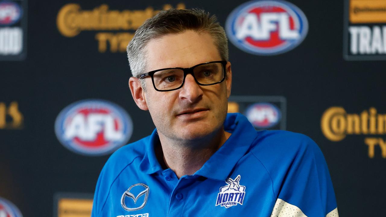 MELBOURNE, AUSTRALIA – OCTOBER 09: Brady Rawlings, GM of Football of the Kangaroos speaks with media during the 2023 Continental Tyres AFL Trade Period at Marvel Stadium on October 09, 2023 in Melbourne, Australia. (Photo by Michael Willson/AFL Photos via Getty Images)