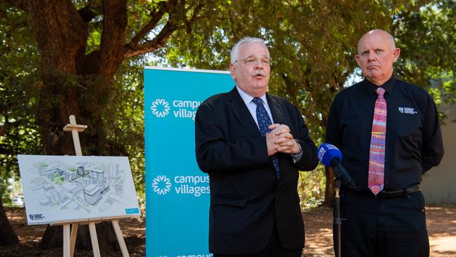 Charles Darwin University Vice-Chancellor and President Scott Bowman and CLV Group Managing Director and Chief Executive Officer John Schroder announce a partnership to develop and manage the pending student accommodation block in the city. Picture: Pema Tamang Pakhrin