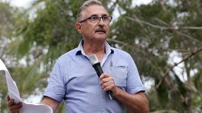 Protesters gather in Carey Park. Eddy Sarroff speaks. Picture: Tertius Pickard.