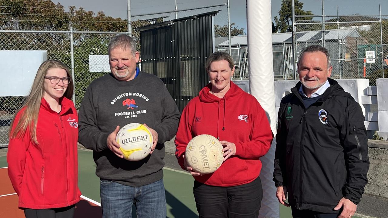 SFL President David O’Byrne, Netball Tasmania CEO Mitchell Coulson, Brighton Football Club Darren Clark, Karana Netball Club President Libby Morman. Picture: Netball Tasmania