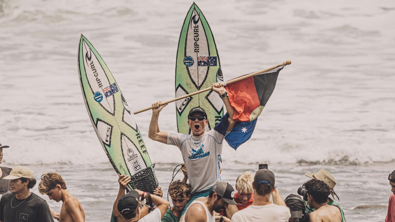 Australian surfer Dane Henry after taking out the gold medal in the under-18 boys division at the ISA World Junior Surfing Championship at Surf City El Salvador. Picture: ISA/Pablo Franco