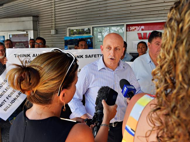 Australian Taxi Industry Association CEO Blair Davies speaks to the media as Darwin taxi drivers gathered outside the office of Labor politician Michael Gunner in protest of Uber.