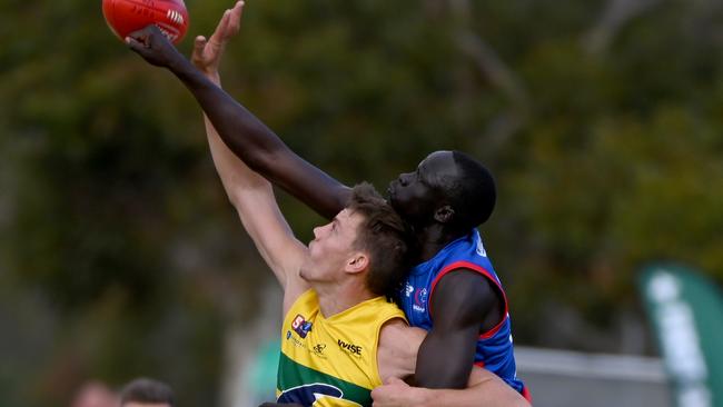 Central District’s Leek Alleer, pictured spoiling Eagle Jack Hayes, continues to impress in defence for the Bulldogs. Picture: Naomi Jellicoe