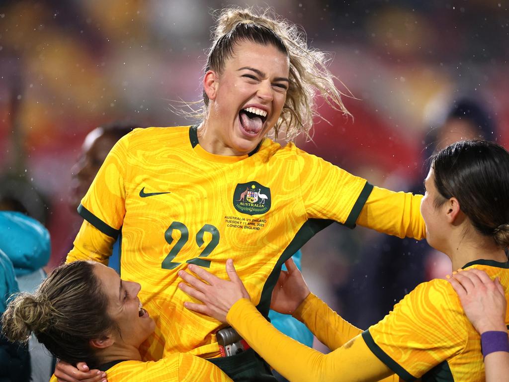 Grant celebrates the Matildas’ friendly victory over England earlier in 2023. Picture: Ryan Pierse/Getty Images