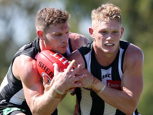 JLT Community Series. Collingwood v Western Bulldogs in Moe.  Collingwood's Adam Treloar and Taylor Adams 3rd qtr  . Pic: Michael Klein