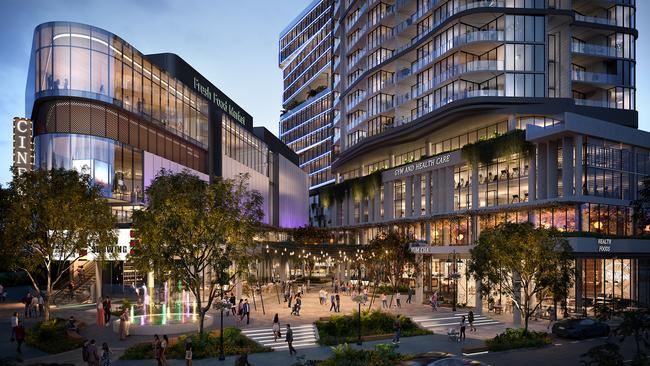 An artist's impression of The Aviary, including the town square, at Toowong.