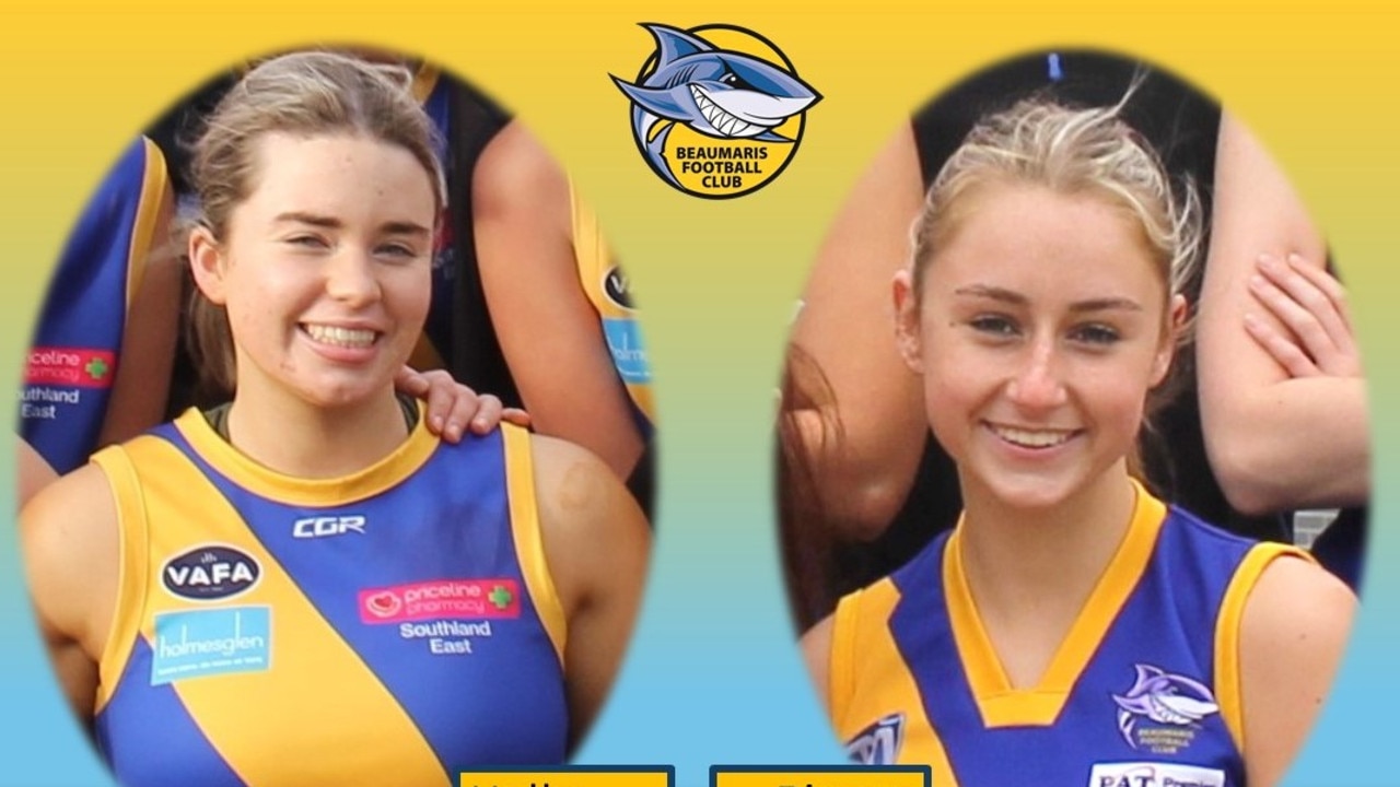 Holly Bowles, left, and Bianca Jones, right, wearing the yellow and blue of Beaumaris. Photo: Facebook, Beaumaris Football Club.