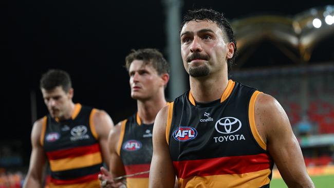 GOLD COAST, AUSTRALIA - MARCH 16: Izak Rankine of the Crows looks dejected after the round one AFL match between Gold Coast Suns and Adelaide Crows at People First Stadium, on March 16, 2024, in Gold Coast, Australia. (Photo by Matt Roberts/AFL Photos/via Getty Images )