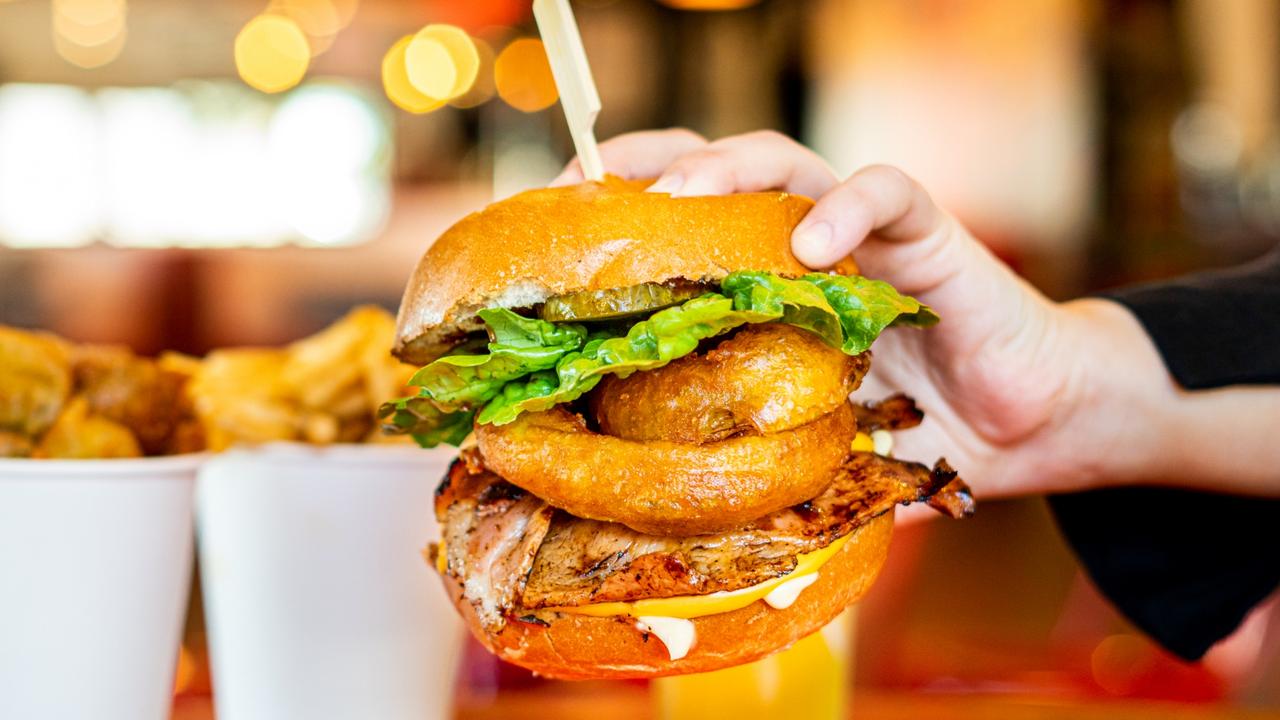 Burgers and onion rings at Miss Kay's Birkdale.