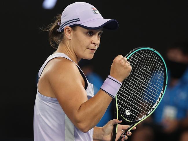 Australian Open tennis. 15/02/2021. Day 8..  Ash Barty vs Shelby Rogers on Rod Laver Arena.  Australian Ash Barty  celebrates her straight sets win  . Pic: Michael Klein