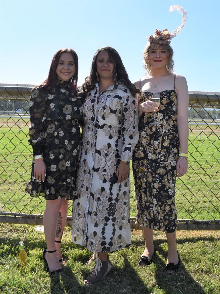 Catie Burrow, Tui Nevin and Lani Bauer at the 2023 Rockhampton Girls Grammar 21st Race Day.