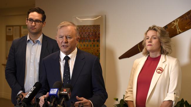 Opposition Leader Anthony Albanese, centre, is joined by Josh Burns, federal member for Macnamara and Clare O'Neil, member for Hotham, speaking about aged care. Picture: NCA NewsWire / Andrew Henshaw