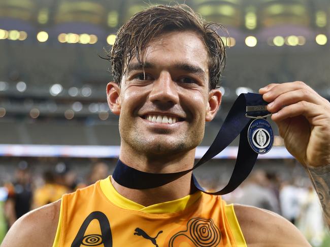 The best All Star on the night, Jy Simpkin with the Polly Medal Farmer Medal. Picture: Getty Images