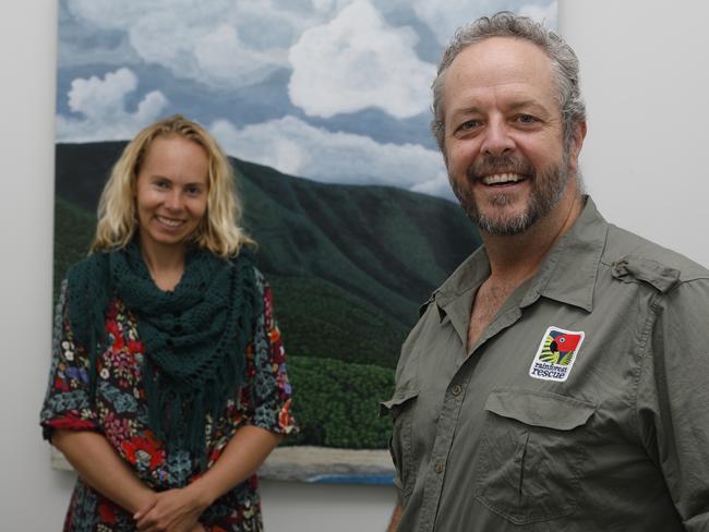 Santos Organics marketing manager Annina Helenelund and Rainforest Rescue CEO Branden Barber at the Rainforest Rescue base in Mullumbimby on Tuesday, May 19, 2020. The two organisations have partnered together to help protect the Daintree Rainforest.