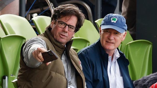 Gillon McLachlan, Chief Executive Officer of the AFL (left) and Richard Goyder, Chairman of the AFL Commission (right). (Photo by Michael Willson/AFL Photos via Getty Images)