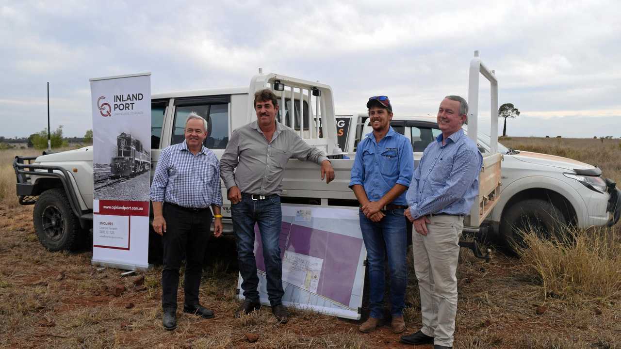 GrainCorp CEO, Mark Palmquist, CQ Inland Port Development manager, Alan Stent-smith, Warrick Stent-smith and transaction agent, Rawdon Briggs at the Central Queensland Inland port development site. Picture: Kristen Booth