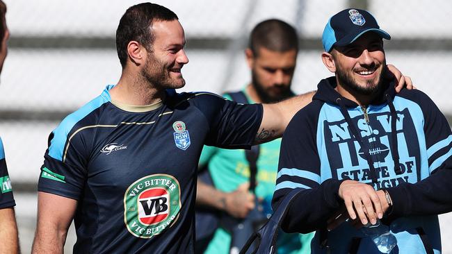 NSW's Boyd Cordner and Jack Bird during NSW State of Origin training at Cudgen Leagues Club, Kingscliff. Picture: Brett Costello