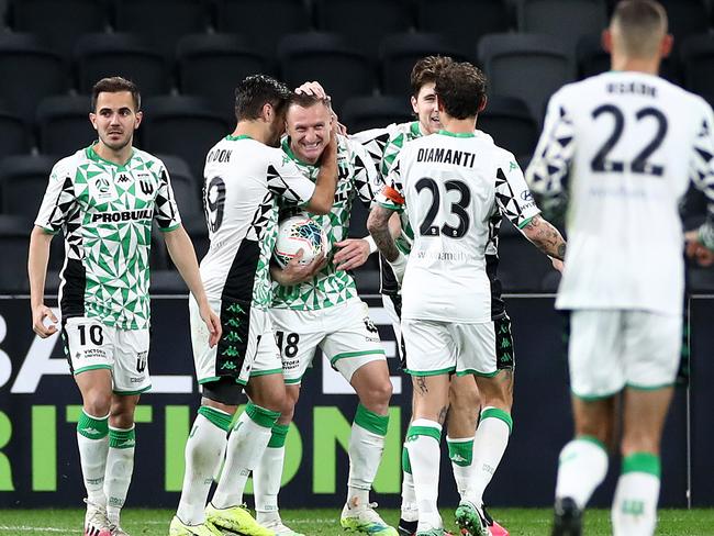 SYDNEY, AUSTRALIA - AUGUST 12: Besart Berisha of Western United celebrates after scoring from the penalty spot during the round 24 A-League match between the Perth Glory and Western United at Bankwest Stadium on August 12, 2020 in Sydney, Australia. (Photo by Cameron Spencer/Getty Images)