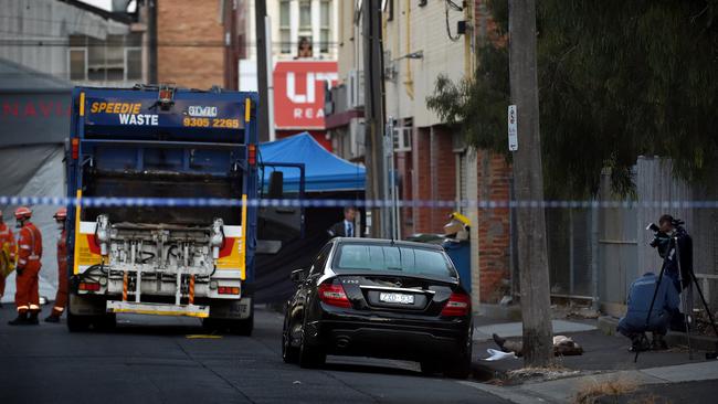 The scene after Joe Acquaro was found dead in a targeted execution in Brunswick East. Picture: Nicole Garmston