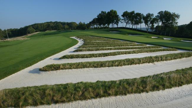 The famous church pew bunker at Oakmont Country Club.