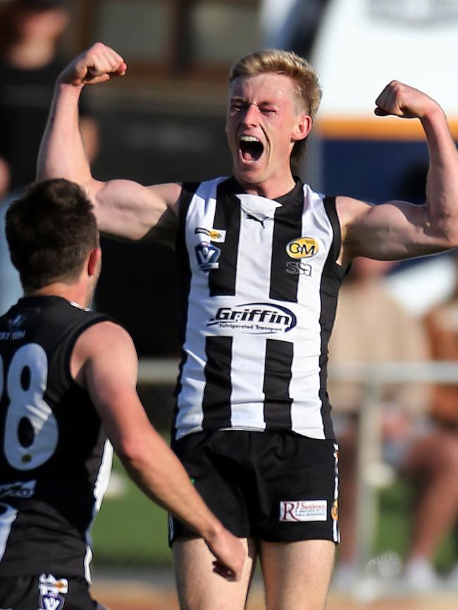 Joe Richards celebrates a goal for Wangaratta in the grand final. Picture Yuri Kouzmin