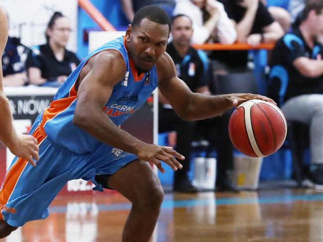 Marlins' Curt Ahwang controls the ball in the NBL1 North match between Cairns Marlins and the Southern District Spartans at the Cairns Basketball Stadium. Picture: Brendan Radke