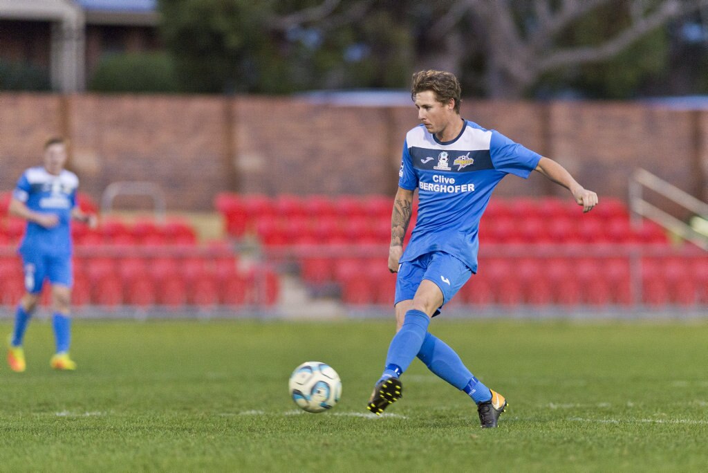 Nicholas Edwards for South West Queensland Thunder against Cairns FC in NPL Queensland men round 26 football at Clive Berghofer Stadium, Saturday, August 25, 2018. Picture: Kevin Farmer