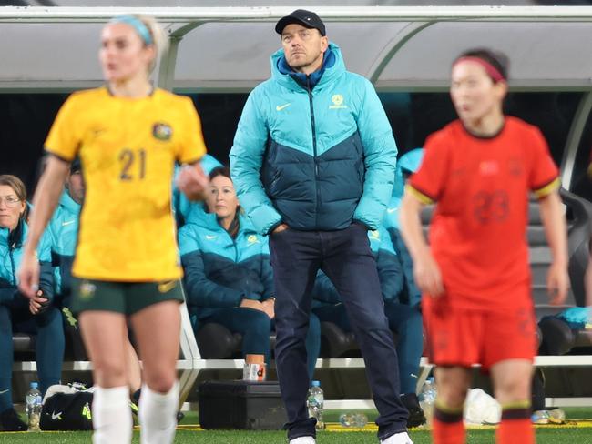 ADELAIDE, AUSTRALIA - MAY 31: Tony Gustavsson, head coach of the Matildas looks on during the international friendly match between Australia Matildas and China PR at Adelaide Oval on May 31, 2024 in Adelaide, Australia. (Photo by Maya Thompson/Getty Images)