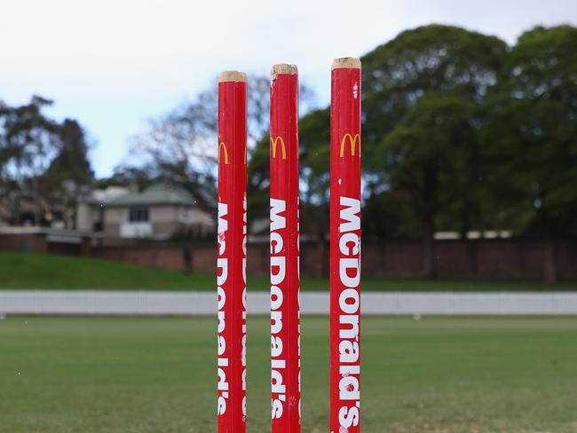 SYDNEY, AUSTRALIA - NOVEMBER 28: Stumps are seen during the innings break at the Poidevin Gray Shield match between Western Suburbs and Sydney University at Pratten Park, on November 28, 2021, in Sydney, Australia. (Photo by Jeremy Ng/News Corp Australia)