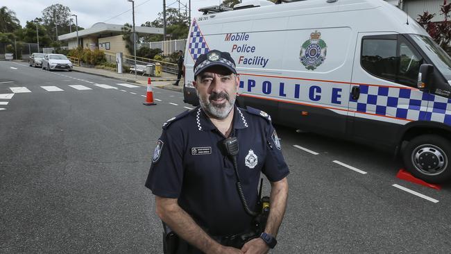 Senior Sergeant Simon Arnold at Birkdale Station, east of Brisbane, with the Mobile Police Facility. Picture: Mark Cranitch