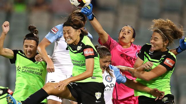 Melbourne City goalkeeper Lydia Williams punches clear in the W-League semi-final at GIO Stadium in Canberra. Picture: Getty Images
