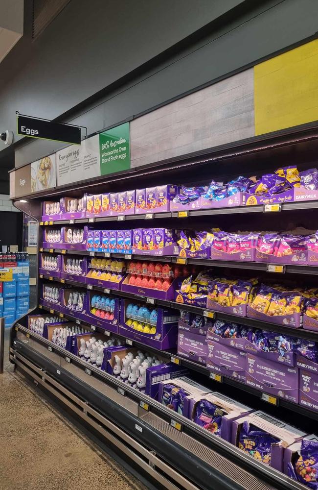 One Woolies store has come up with a clever solution to the egg shortage, replacing fresh eggs with chocolate eggs. Picture: Reddit