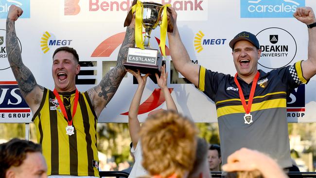 Rowville hold aloft the premiership cup after winning the 2023 Eastern Football Netball League Premier Division Seniors Grand Final match between Vermont and Rowville at Bayswater Oval in Bayswater, Victoria on September 16, 2023. (Photo by Josh Chadwick)