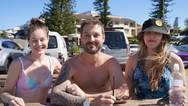 Jamie Marlin, Keegan Atkins and Rechenda Johansson at the 49th Annual Pa &amp; Ma Bendall Memorial Surfing Contest held at Moffat Beach in Caloundra on April 8, 2023. Picture: Katrina Lezaic