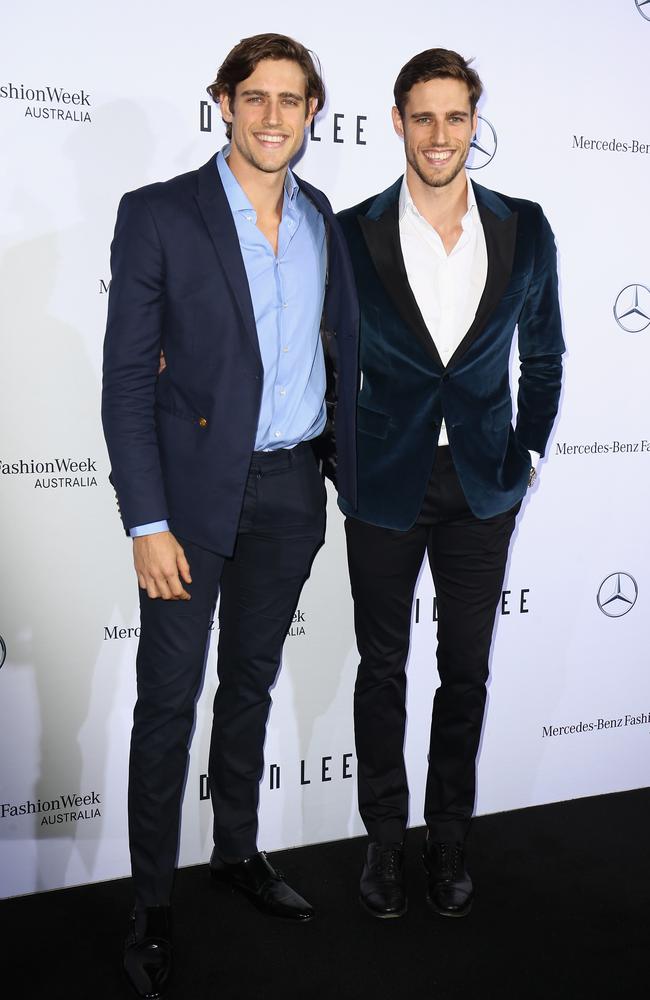 Jordan Stenmark and Zac Stenmark arrive ahead of the Mercedes-Benz Presents Dion Lee show at Mercedes-Benz Fashion Week Resort 18 Collections at the Sydney Opera House on May 14, 2017 in Sydney, Australia. Picture: Getty