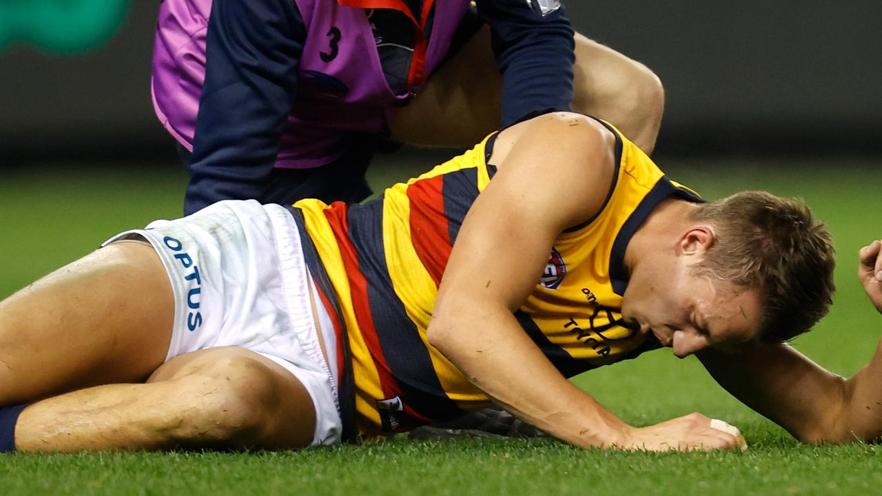 Adelaide’s Tom Doedee was too courageous for his own good. (Photo by Michael Willson/AFL Photos via Getty Images)