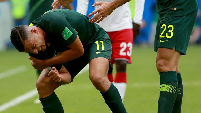 Andrew Nabbout was devastated to dislocate his shoulder during the match. Picture: Toby Zerna