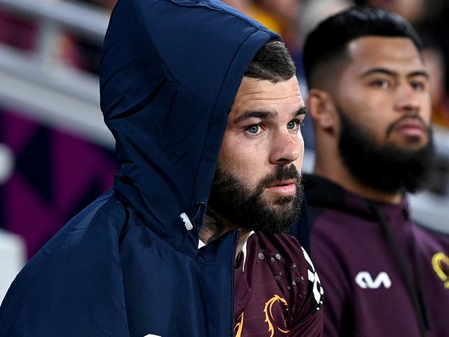 BRISBANE, AUSTRALIA - JUNE 11: Adam Reynolds and Payne Haas of the Broncos are seen on the sideline after being injured during the round 14 NRL match between the Brisbane Broncos and the Canberra Raiders at Suncorp Stadium, on June 11, 2022, in Brisbane, Australia. (Photo by Bradley Kanaris/Getty Images)