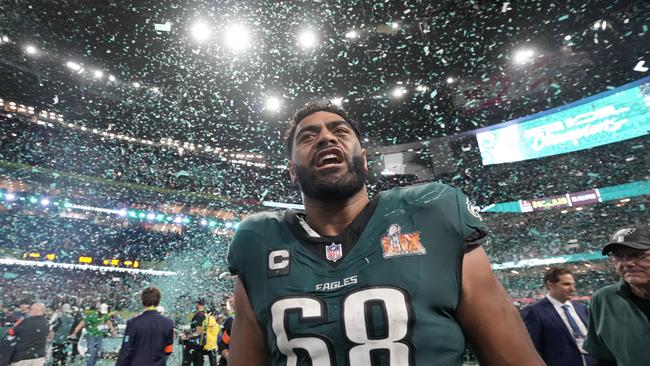 Sydneysider and Philadelphia Eagles offensive tackle Jordan Mailata celebrates after winning Super Bowl LIX on Monday.