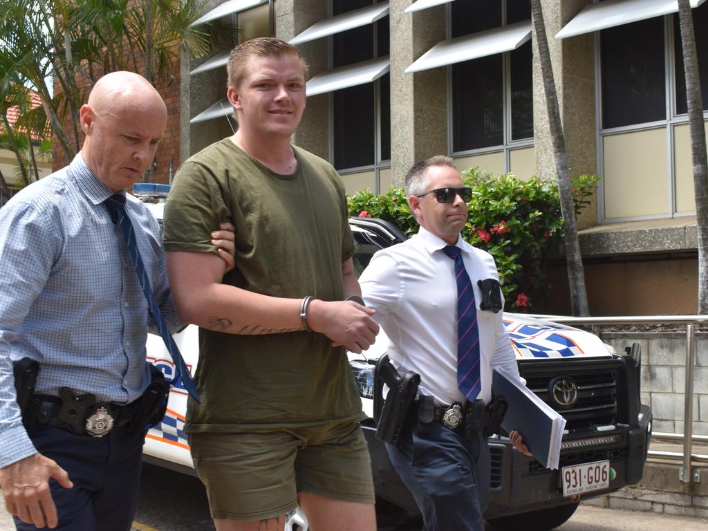 James George De Marco being walked to the Rockhampton Watch House on January 17 2024. He was charged with the alleged murder of Anuisha Bone.