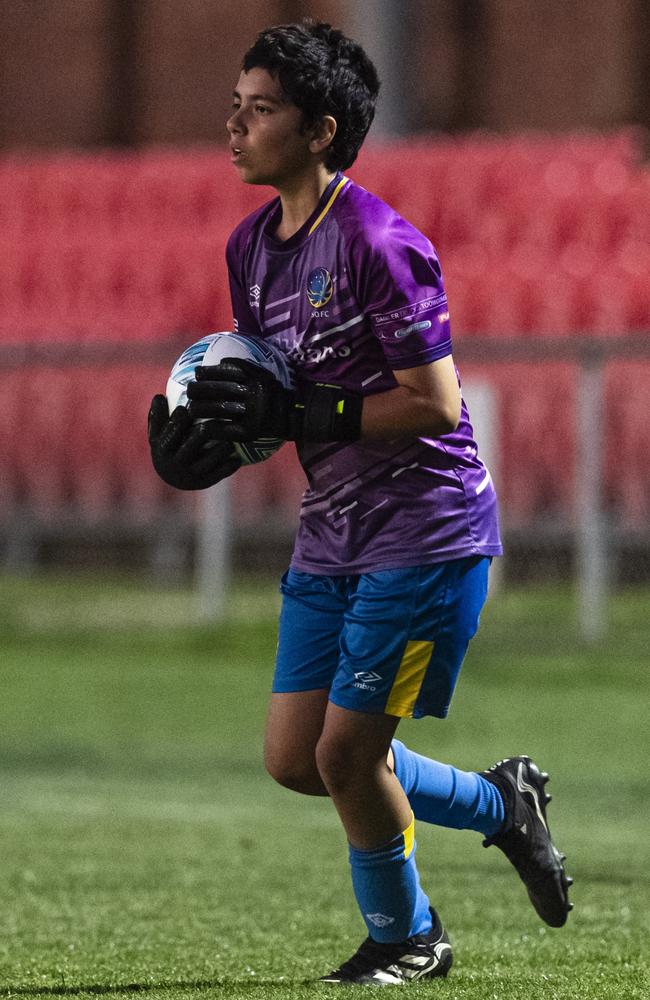 Joseph Nasau of USQ FC against Rockville Rovers White in Football Queensland Darling Downs Community Juniors U13 Div 1 Maroon grand final at Clive Berghofer Stadium, Friday, August 30, 2024. Picture: Kevin Farmer