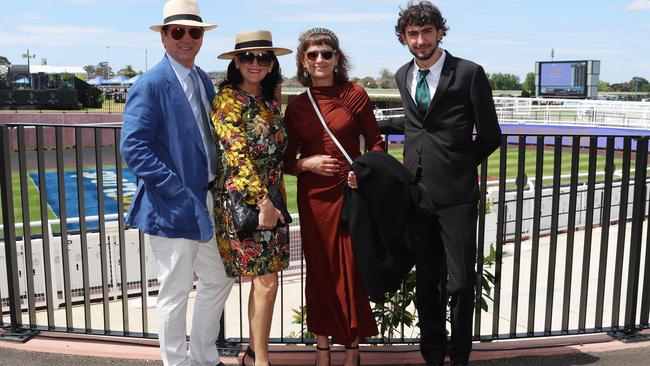 MELBOURNE, AUSTRALIA – OCTOBER 16 2024 Ray, Susie, Fiona and Max at the Caulfield Social race day at Caulfield racecourse on Wednesday 16th October, 2024 Picture: Brendan Beckett